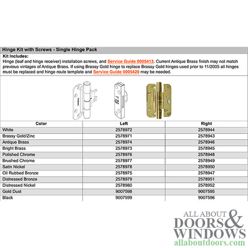 Andersen Single Hinge Right Hand For Frenchwood Doors From 2005-Present Gold Dust Hinge - Andersen Single Hinge Right Hand For Frenchwood Doors From 2005-Present Gold Dust Hinge