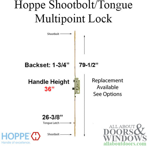 16 mm Manual Tongue-Shootbolt 45/92 Gear, Bottom Tongue @ 26.42