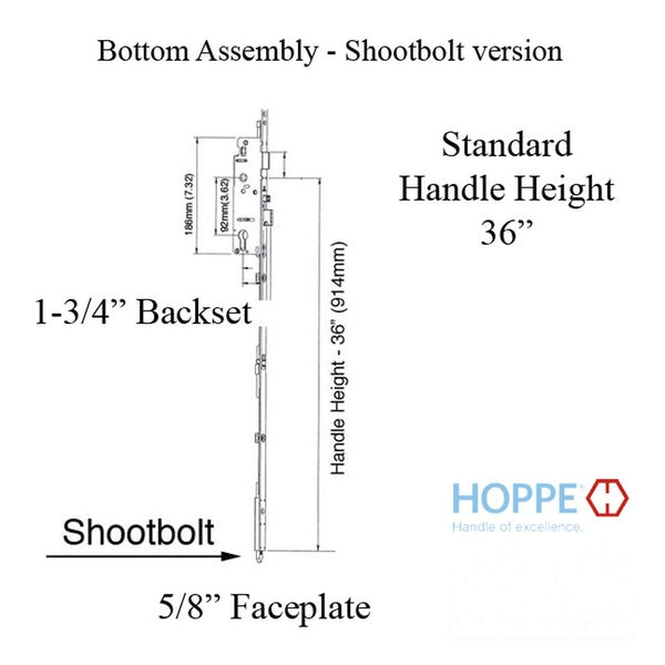 16 mm Manual Shootbolt Gear, Hoppe 45/92mm, 36 Inch Handle Height - SS - 16 mm Manual Shootbolt Gear, Hoppe 45/92mm, 36 Inch Handle Height - SS