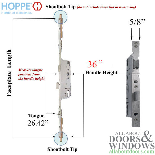 16 mm Manual Tongue-Shootbolt 45/92 Gear, Bottom Tongue @ 26.42