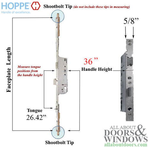 16 mm Manual Tongue-Shootbolt 45/92 Gear, Bottom Tongue @ 26.42
