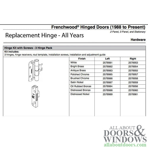 Andersen Single Hinge, Left Hand (2005-Present) - Brushed Chrome - Andersen Single Hinge, Left Hand (2005-Present) - Brushed Chrome