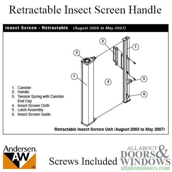 Retractable Insect Screen Interior Handle for Andersen FGD made: Aug. 2003 - May 2007 - White - Retractable Insect Screen Interior Handle for Andersen FGD made: Aug. 2003 - May 2007 - White