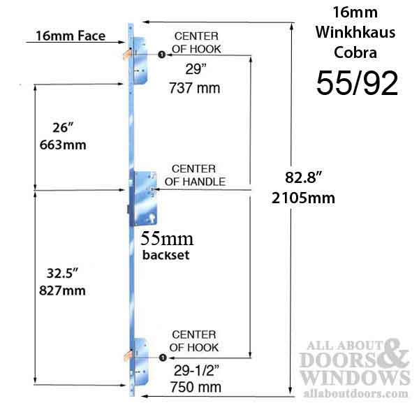 Winkhaus 16mm Cobra 55/92mm MPL Lock System with Hooks - SS - Winkhaus 16mm Cobra 55/92mm MPL Lock System with Hooks - SS