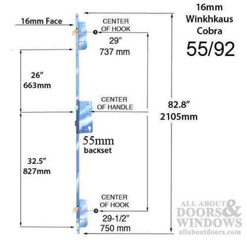 Winkhaus 16mm Cobra 55/92mm MPL Lock System with Hooks - SS - Winkhaus 16mm Cobra 55/92mm MPL Lock System with Hooks - SS