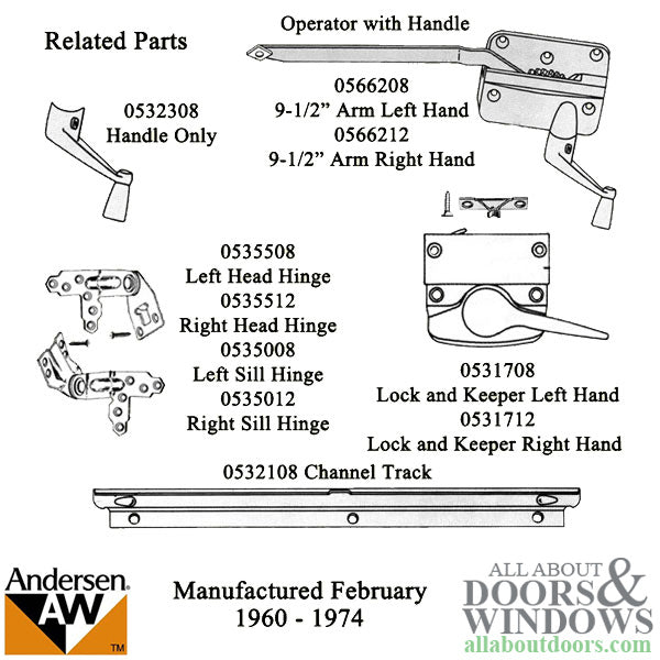 Discontinued Andersen Left Hand Operator and Handle, 9-1/2 Inch Arm and Round Shoe - Bronze - Discontinued Andersen Left Hand Operator and Handle, 9-1/2 Inch Arm and Round Shoe - Bronze