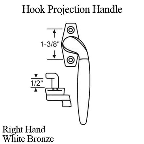 Project-In handle, 1-3/8 screw holes, 1/2” Hook Projection, Right Hand - White Bronze - Project-In handle, 1-3/8 screw holes, 1/2” Hook Projection, Right Hand - White Bronze