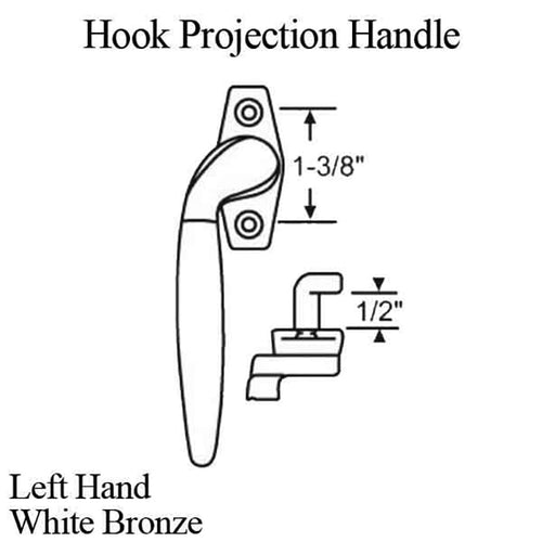 Project-In handle, 1-3/8 screw holes, 1/2” Hook Projection, Left Hand - White Bronze - Project-In handle, 1-3/8 screw holes, 1/2” Hook Projection, Left Hand - White Bronze