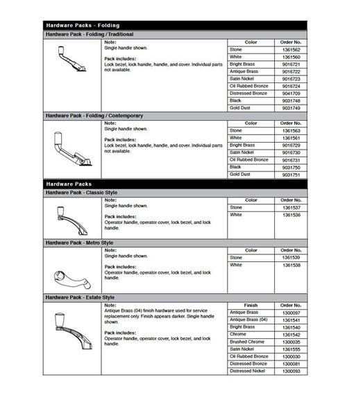 Andersen Casement Window 200 or 400 Series Hardware Pack Folding Handle Operator - Andersen Casement Window 200 or 400 Series Hardware Pack Folding Handle Operator