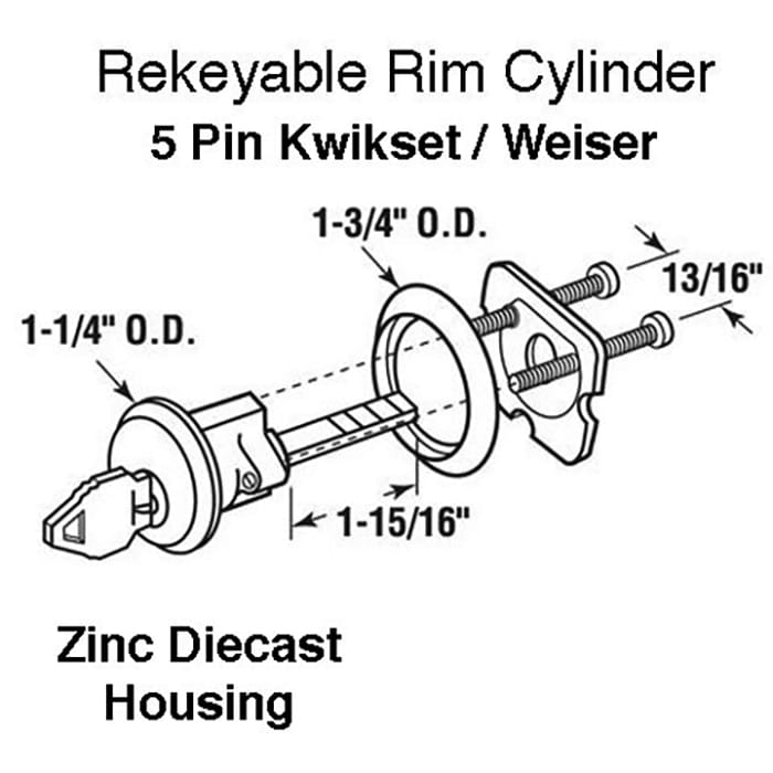 Rim Cylinder, 5 pin Diecast Kwikset / Weiser - Satin Brass - Rim Cylinder, 5 pin Diecast Kwikset / Weiser - Satin Brass