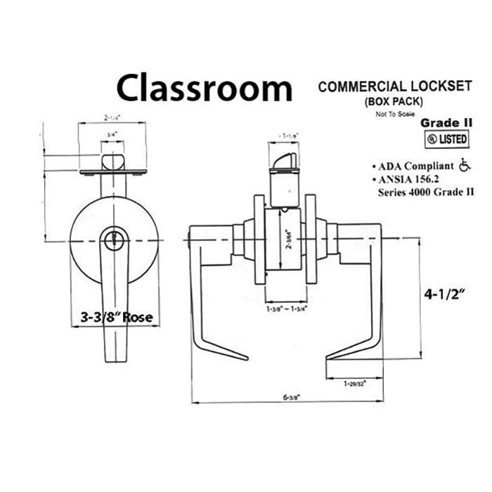 Grade 2, Classroom Lever Lock, 2-3/4bs,  Commercial - (26D) Satin Chrome - Grade 2, Classroom Lever Lock, 2-3/4bs,  Commercial - (26D) Satin Chrome