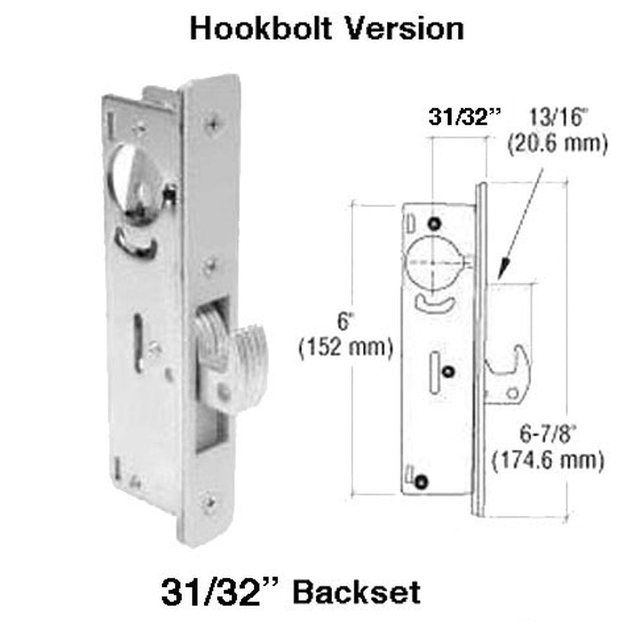 Hookbolt Lock, 31/32 Inch Backset, No Face plate Sliding or Hinged door - Hookbolt Lock, 31/32 Inch Backset, No Face plate Sliding or Hinged door