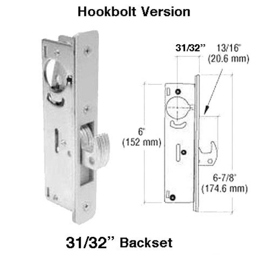 Hookbolt Lock, 31/32 Inch Backset, No Face plate Sliding or Hinged door - Hookbolt Lock, 31/32 Inch Backset, No Face plate Sliding or Hinged door