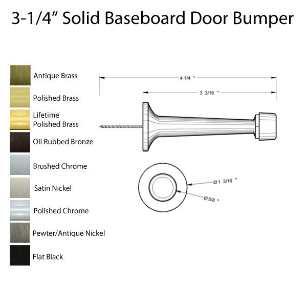 3-1/4 Baseboard Door Bumper Solid Brass - Choose Finish - 3-1/4 Baseboard Door Bumper Solid Brass - Choose Finish