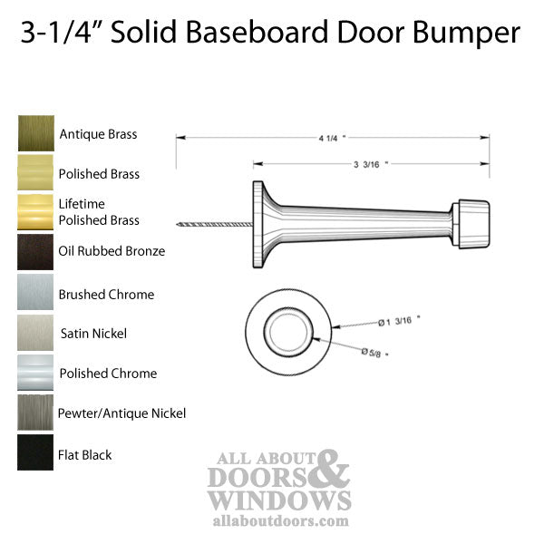 3-1/4 Baseboard Door Bumper Solid Brass - Choose Finish - 3-1/4 Baseboard Door Bumper Solid Brass - Choose Finish
