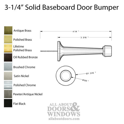 3-1/4 Baseboard Door Bumper Solid Brass - Choose Finish - 3-1/4 Baseboard Door Bumper Solid Brass - Choose Finish