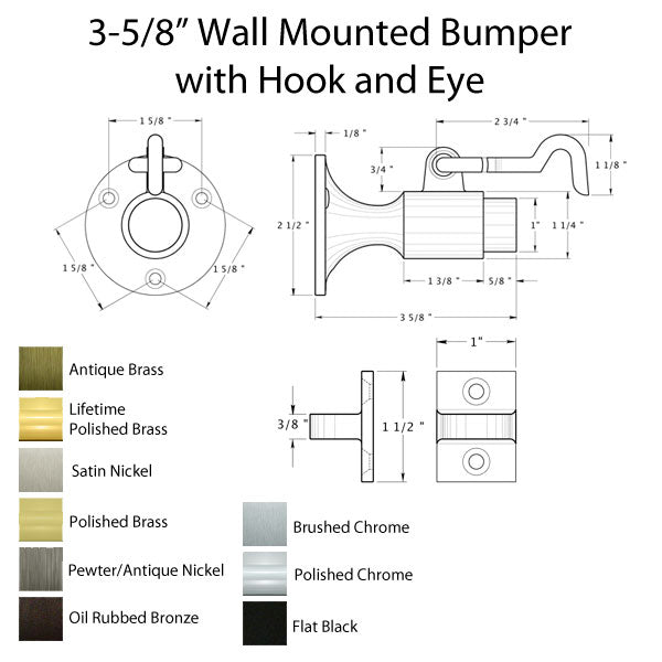 3-5/8 Wall Mount Bumper with Hook and Eye - Choose Finish - 3-5/8 Wall Mount Bumper with Hook and Eye - Choose Finish