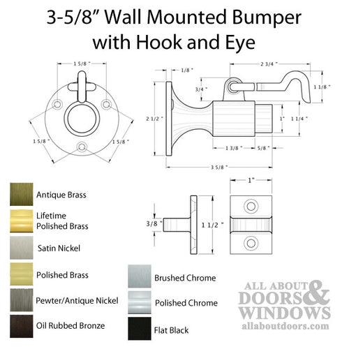 3-5/8 Wall Mount Bumper with Hook and Eye - Choose Finish - 3-5/8 Wall Mount Bumper with Hook and Eye - Choose Finish