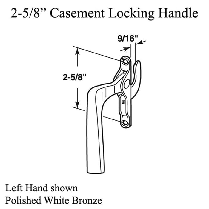Locking Handle w/ 2-5/8 in Hole Center for Casement Window -  Polished White Bronze -Choose Handing - Locking Handle w/ 2-5/8 in Hole Center for Casement Window -  Polished White Bronze -Choose Handing