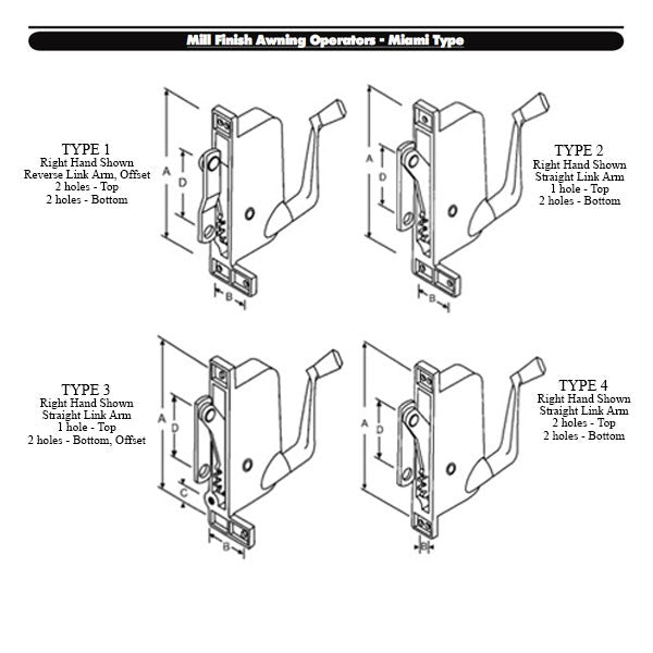 Type 3 Awning Window Operator, Miami Windows, Right Hand - Aluminum - Type 3 Awning Window Operator, Miami Windows, Right Hand - Aluminum