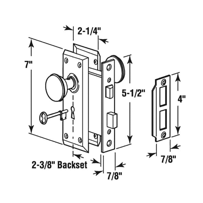 Caselock - Mortise Assembly 2-1/4 BS, Keyed - Brass - Caselock - Mortise Assembly 2-1/4 BS, Keyed - Brass