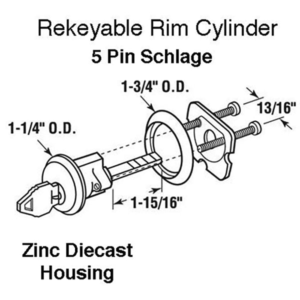 Rim Cylinder, 5 pin Schlage Tumbler, 2 Keys - US3 Polished Brass - Rim Cylinder, 5 pin Schlage Tumbler, 2 Keys - US3 Polished Brass