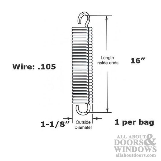 Extension Spring - 1-1/8 Inch Diameter x 16 Inches Long - .105 Wire