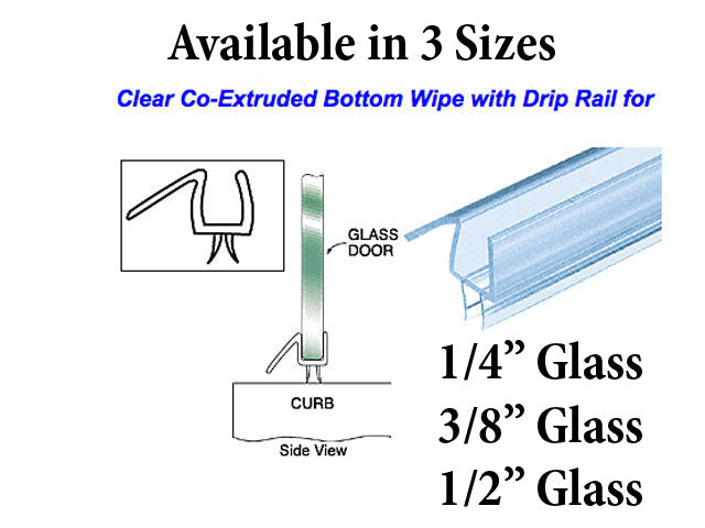 Co-Extruded Bottom Wipe With Drip Rail for 1/4 Inch Glass Clear Finish - Co-Extruded Bottom Wipe With Drip Rail for 1/4 Inch Glass Clear Finish