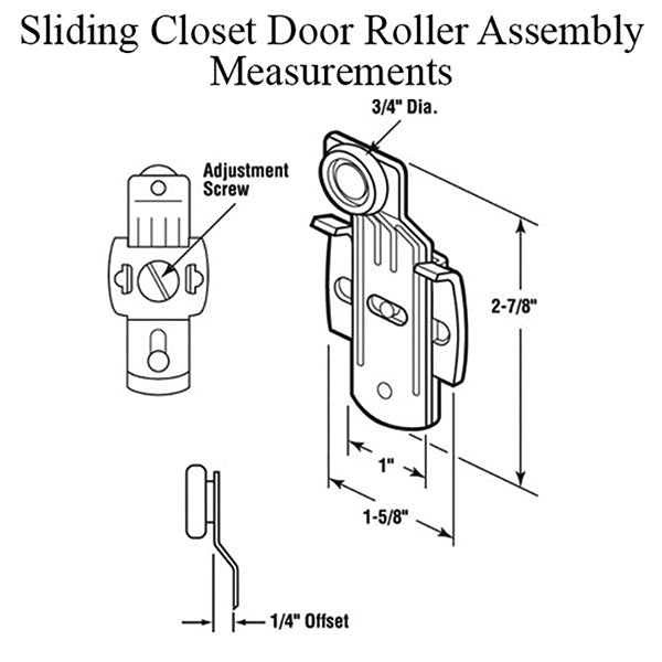 Sliding closet door roller assembly with 3/4