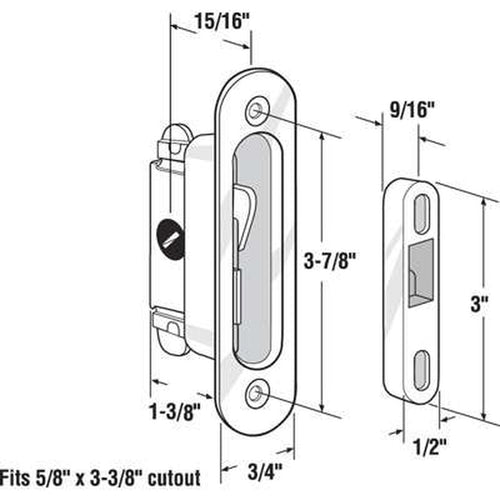 Mortise Lock and Keeper - Sliding Patio Door, 45 Degree Keyway Aluminum/Steel - Mortise Lock and Keeper - Sliding Patio Door, 45 Degree Keyway Aluminum/Steel
