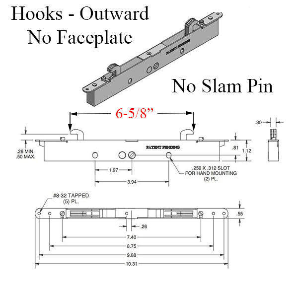 2-point Double Hook Sliding door lock, Center Drive, No Faceplate - Choose Material - 2-point Double Hook Sliding door lock, Center Drive, No Faceplate - Choose Material