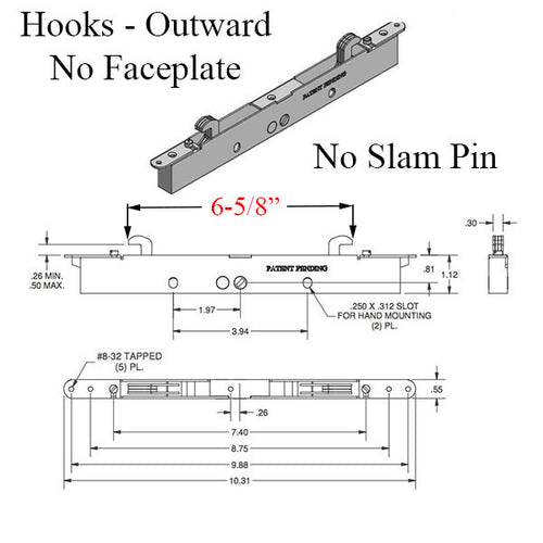 2-point Double Hook Sliding door lock, Center Drive, No Faceplate - Choose Material - 2-point Double Hook Sliding door lock, Center Drive, No Faceplate - Choose Material