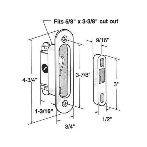 Mortise Lock and Keeper - Sliding Patio Door, 45 Degree Keyway Aluminum/Steel - Mortise Lock and Keeper - Sliding Patio Door, 45 Degree Keyway Aluminum/Steel