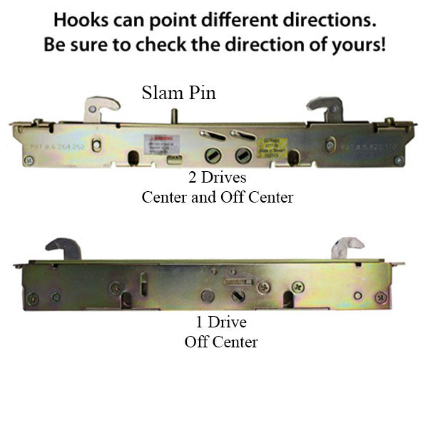 2-point Double Hook Sliding door lock, Center Drive, No Faceplate - Choose Material - 2-point Double Hook Sliding door lock, Center Drive, No Faceplate - Choose Material