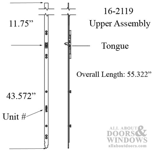 16mm P2000 Active Upper Tongue @ 43.572 Assembly (55.322 length), Doors 92.75