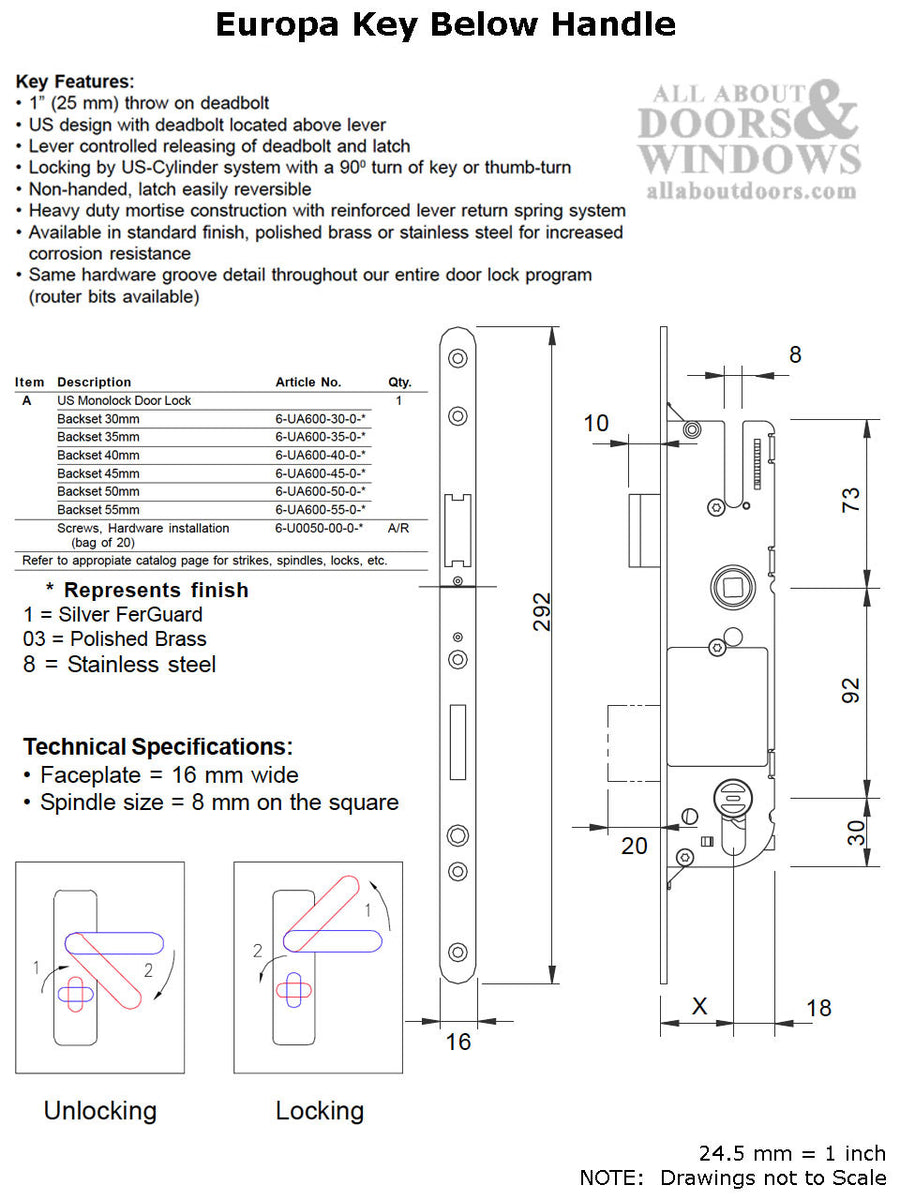 G-U Monolock 45/92 Single Door Lock, Key BELOW lever - Stainless Steel - G-U Monolock 45/92 Single Door Lock, Key BELOW lever - Stainless Steel