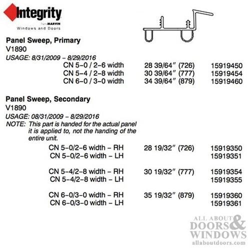 Integrity by Marvin Hinged Door Sweep,  V1890 Weatherstrip for Primary 3-0 Door - Integrity by Marvin Hinged Door Sweep,  V1890 Weatherstrip for Primary 3-0 Door