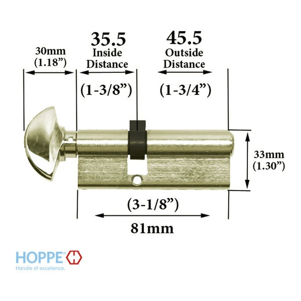 35.5/45.5 New Style HOPPE Active 90° Keyed Profile Cylinder Lock, Solid Brass - 35.5/45.5 New Style HOPPE Active 90° Keyed Profile Cylinder Lock, Solid Brass