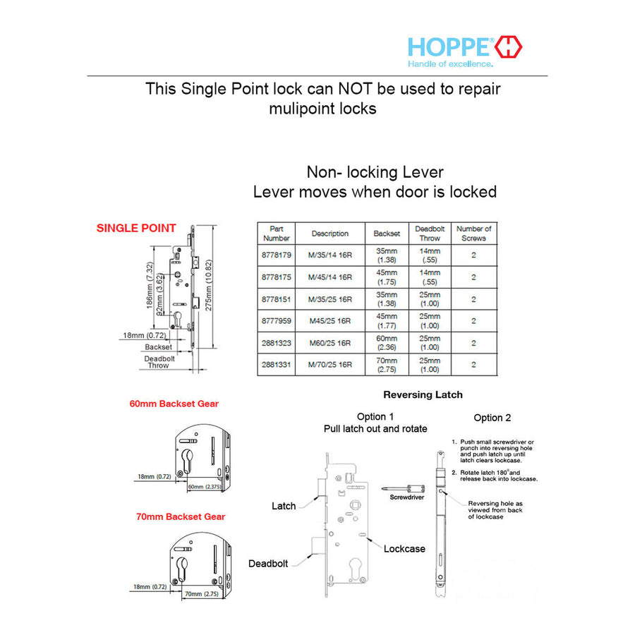 Hoppe Mortise Lock Manual Single Point Lock Body - 35mm Backset, 16mm Faceplate - Hoppe Mortise Lock Manual Single Point Lock Body - 35mm Backset, 16mm Faceplate