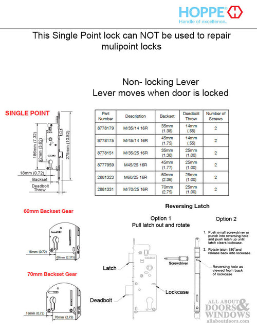 Hoppe Mortise Lock Manual Single Point Lock Body - 35mm Backset, 16mm Faceplate - Hoppe Mortise Lock Manual Single Point Lock Body - 35mm Backset, 16mm Faceplate