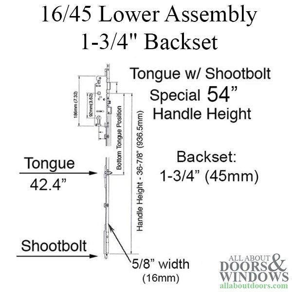16 mm Manual Tongue-Shootbolt 45/92 Gear, Tongue @ 42.4