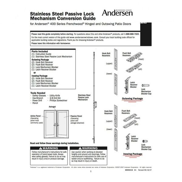 Andersen Passive 2-point Shootbolt Lock 76-1/2 inch, 6-8 Frenchwood Door - Andersen Passive 2-point Shootbolt Lock 76-1/2 inch, 6-8 Frenchwood Door