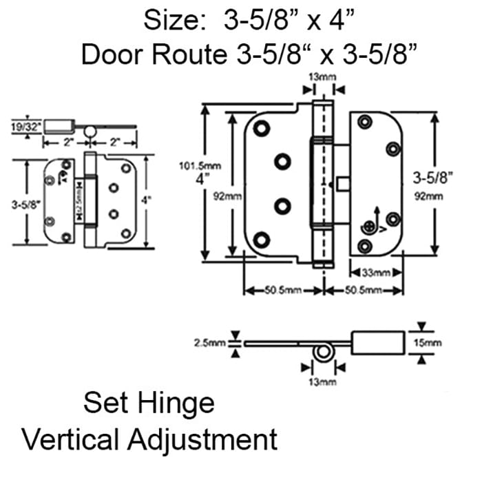 Ultimate 2D Adjustable Hinge, 3-5/8 x 4  Set (V) Inswing - Gold Powder Coat - Ultimate 2D Adjustable Hinge, 3-5/8 x 4  Set (V) Inswing - Gold Powder Coat