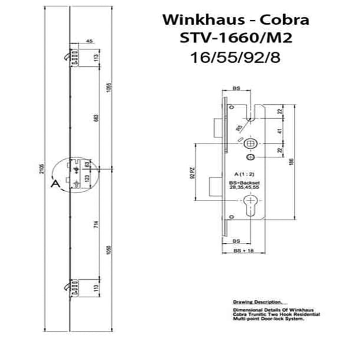 Winkhaus 16mm Cobra 55/92mm MPL Lock System with Hooks - SS - Winkhaus 16mm Cobra 55/92mm MPL Lock System with Hooks - SS