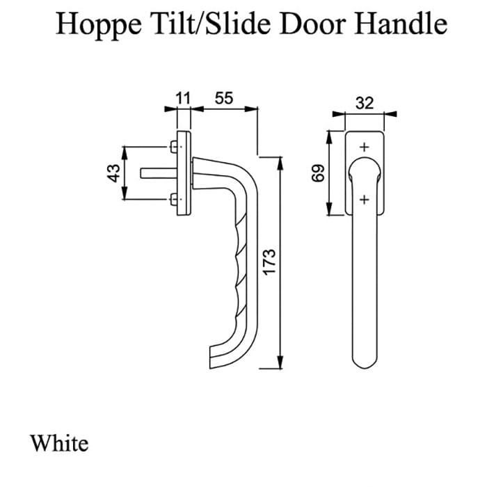 Handle for Tilt-Slide door, White, 12mm lugs, with stop positions, 7mm, projecting 38 mm out - Handle for Tilt-Slide door, White, 12mm lugs, with stop positions, 7mm, projecting 38 mm out