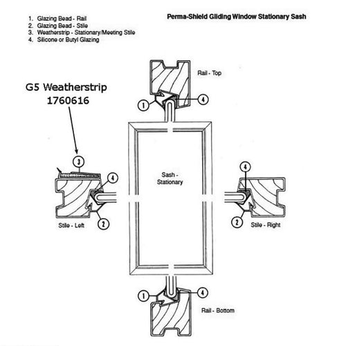 Andersen - Perma-Shield Gliding Window - Stationary Weatherstrip, Meeting Stile G5 - White - Andersen - Perma-Shield Gliding Window - Stationary Weatherstrip, Meeting Stile G5 - White