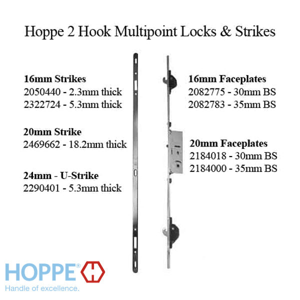 Hoppe Multipoint Lock - 2 Hooks, 30mm Sliding Door Lock, 20mm Face - Hoppe Multipoint Lock - 2 Hooks, 30mm Sliding Door Lock, 20mm Face