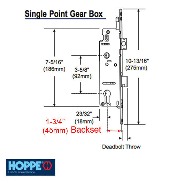 Hoppe Mortise Single Point Lock - 14mm Deadbolt Throw, 16mm Faceplate, 45/92 Gear - Hoppe Mortise Single Point Lock - 14mm Deadbolt Throw, 16mm Faceplate, 45/92 Gear