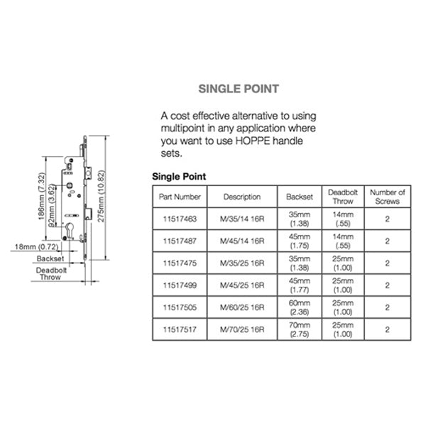 Hoppe Mortise Single Point Lock - 14mm Deadbolt Throw, 16mm Faceplate, 45/92 Gear - Hoppe Mortise Single Point Lock - 14mm Deadbolt Throw, 16mm Faceplate, 45/92 Gear