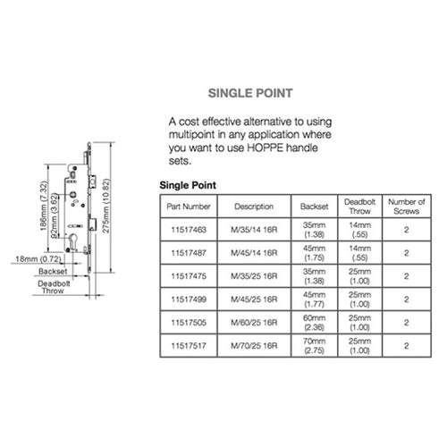 Hoppe Mortise Single Point Lock - 14mm Deadbolt Throw, 16mm Faceplate, 45/92 Gear - Hoppe Mortise Single Point Lock - 14mm Deadbolt Throw, 16mm Faceplate, 45/92 Gear